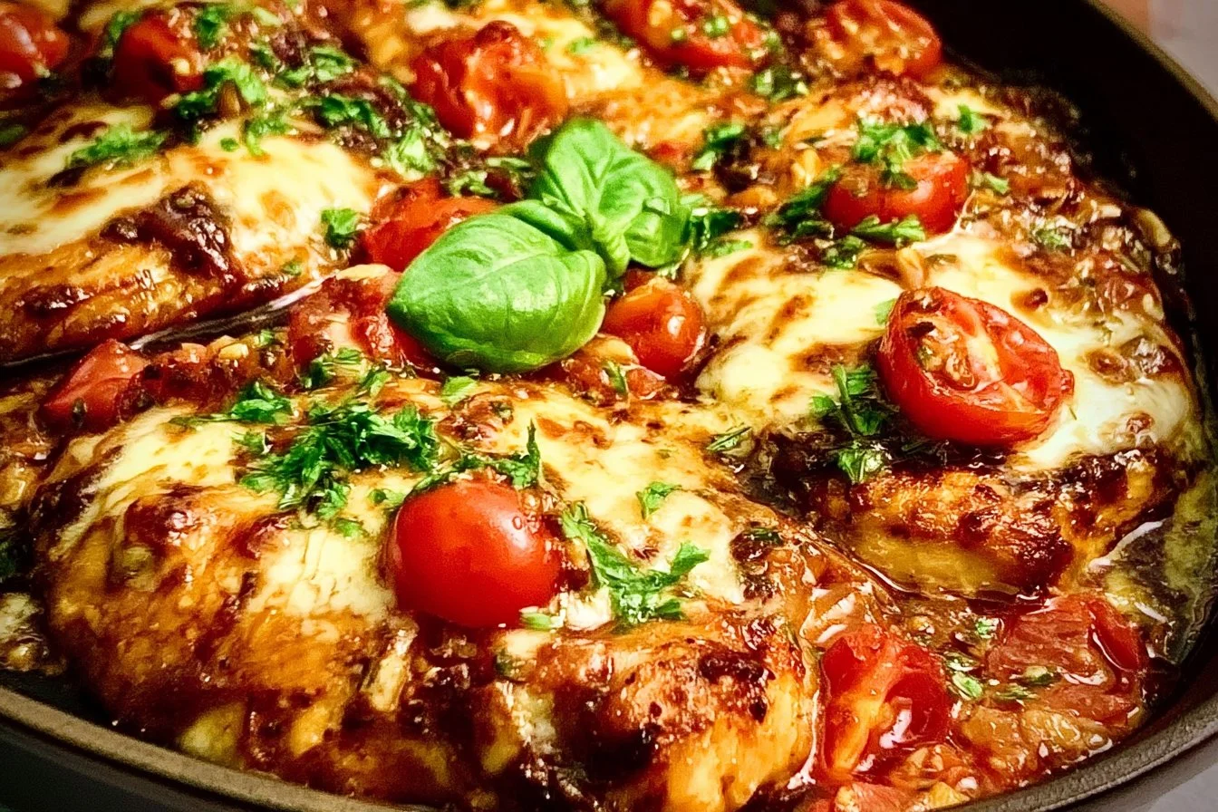 Cheesy One Pan Balsamic Chicken Everyone WIll Love 2 Cheesy One Pan Balsamic Chicken served in a skillet with herbs and cheese
