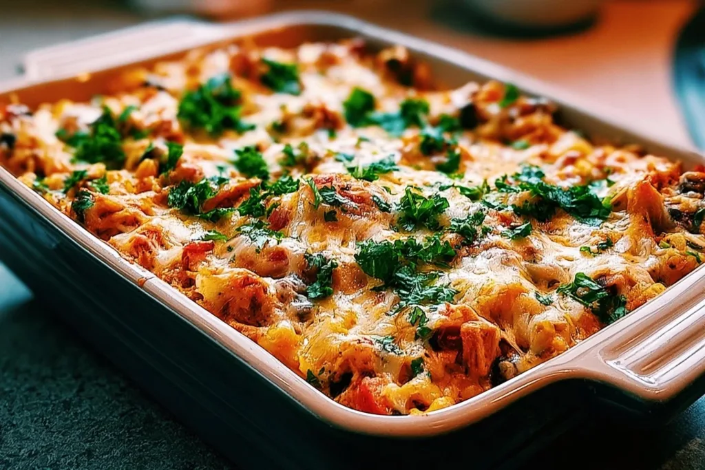 Delicious Chicken Burrito Casserole served in a baking dish