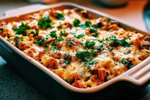 Delicious Chicken Burrito Casserole served in a baking dish