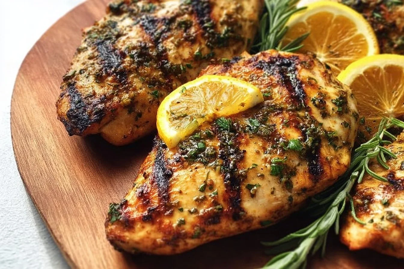 Marinated Citrus Dijon Chicken ready for grilling on a barbecue.