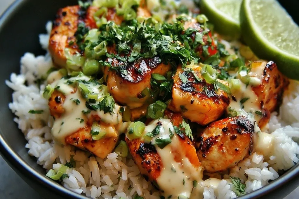 Coconut Chicken Rice Bowl with vibrant toppings and garnishes