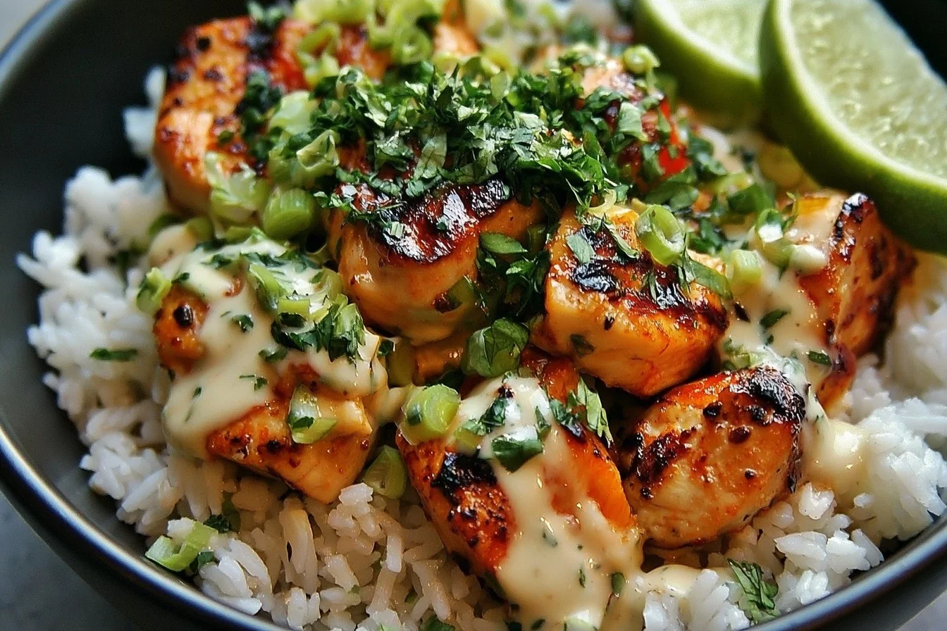 Coconut Chicken Rice Bowl: A Tropical Twist in 20 Minutes 2 Coconut Chicken Rice Bowl with vibrant toppings and garnishes