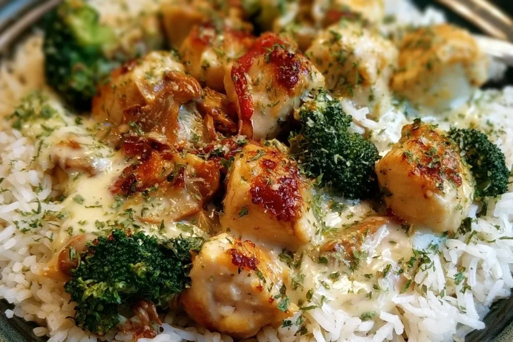 Creamy Garlic Chicken Rice Bowls 6 Creamy garlic chicken rice bowl with fresh herbs and vegetables