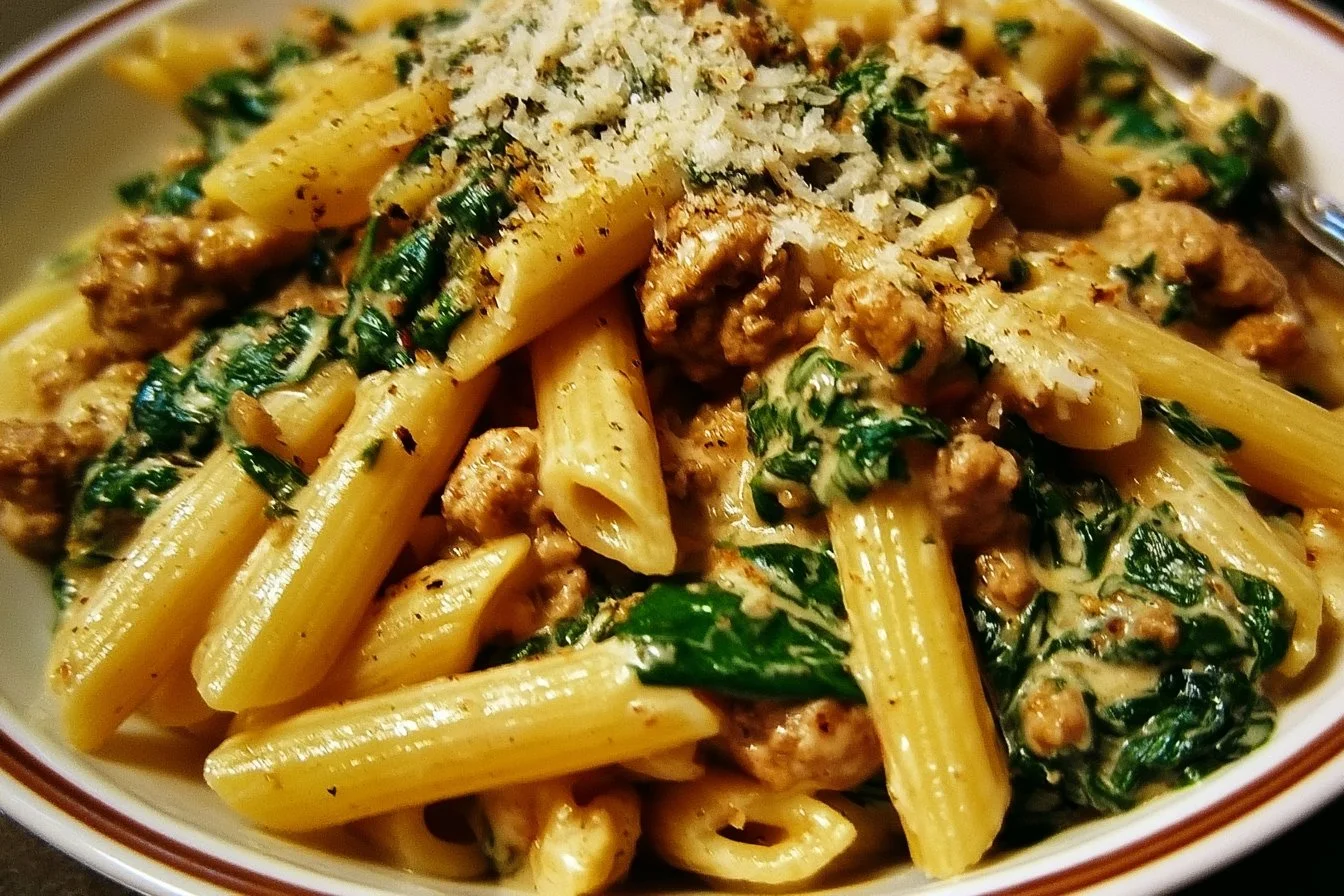 Creamy Ground Turkey Spinach Pasta 2 Creamy ground turkey spinach pasta dish served in a bowl