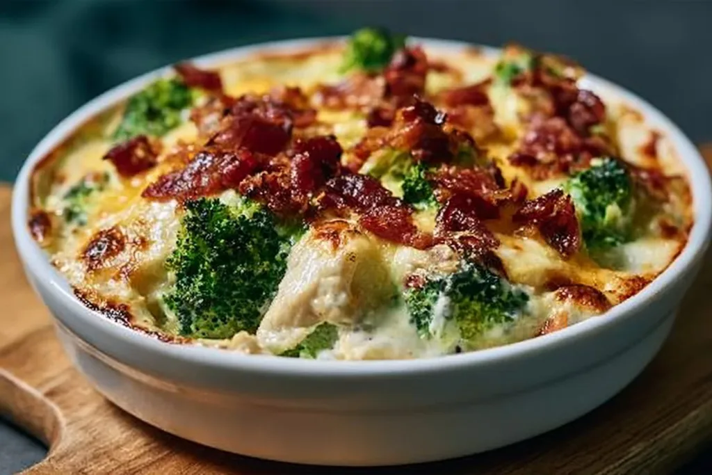 Creamy Low Carb Chicken Casserole with Broccoli and Bacon 5 Creamy low carb chicken casserole with broccoli and bacon in a baking dish