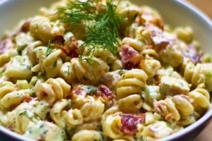 Delicious Dill Pickle Bacon Pasta Salad served in a bowl with fresh ingredients