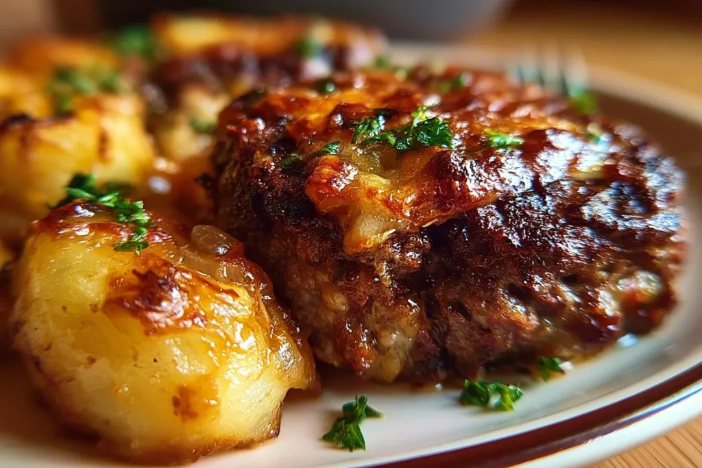 Amish hamburger steak bake served in a dish for easy weeknight dinner.