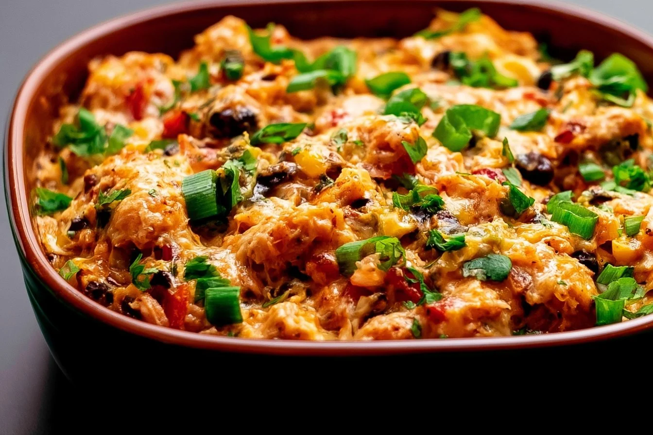 Easy Chicken Burrito Casserole topped with fresh ingredients and melted cheese