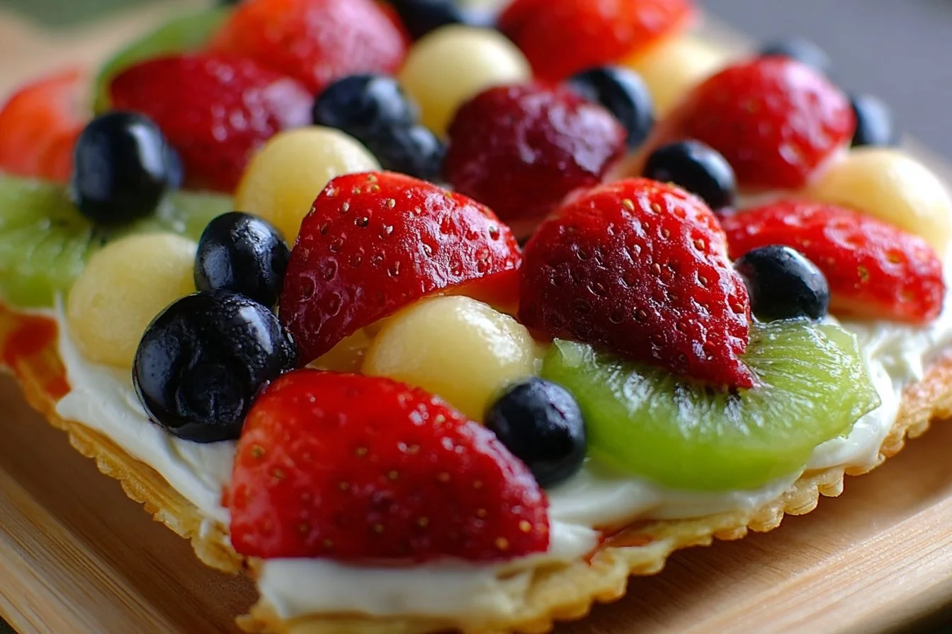 Colorful easy fruit pizza topped with fresh fruits and cream cheese
