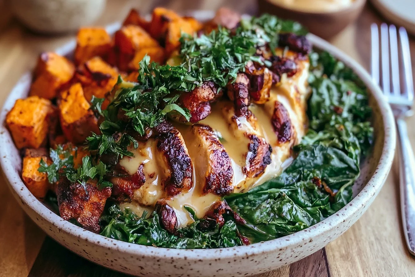 Maple Dijon Chicken Bowl with Sweet Potatoes served in a cozy bowl