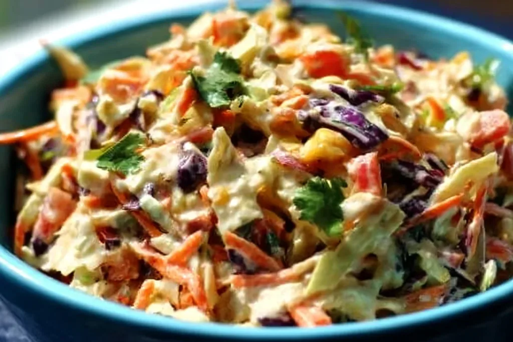 Bowl of Easy Mexican Coleslaw with colorful vegetables and dressing