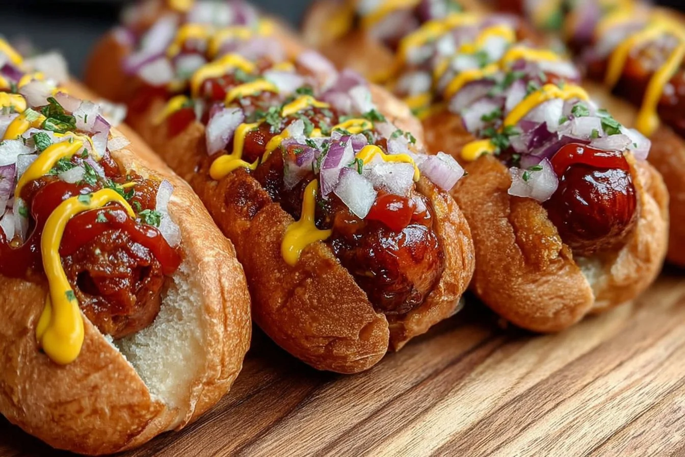 Flavorful Firecracker Hot Dogs 2 Delicious Firecracker Hot Dogs served with toppings