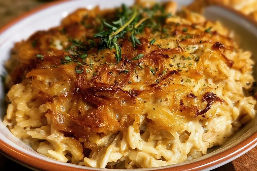 French Onion Chicken Orzo Casserole 5 Delicious French Onion Chicken Orzo Casserole topped with melted cheese and herbs