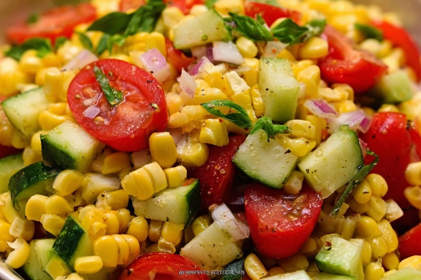 Bowl of fresh corn salad with colorful vegetables and dressing