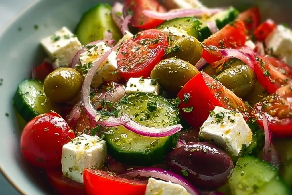 Delicious Greek Salad with fresh vegetables, olives, and feta cheese