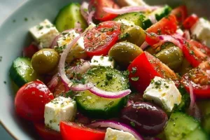Delicious Greek Salad with fresh vegetables, olives, and feta cheese