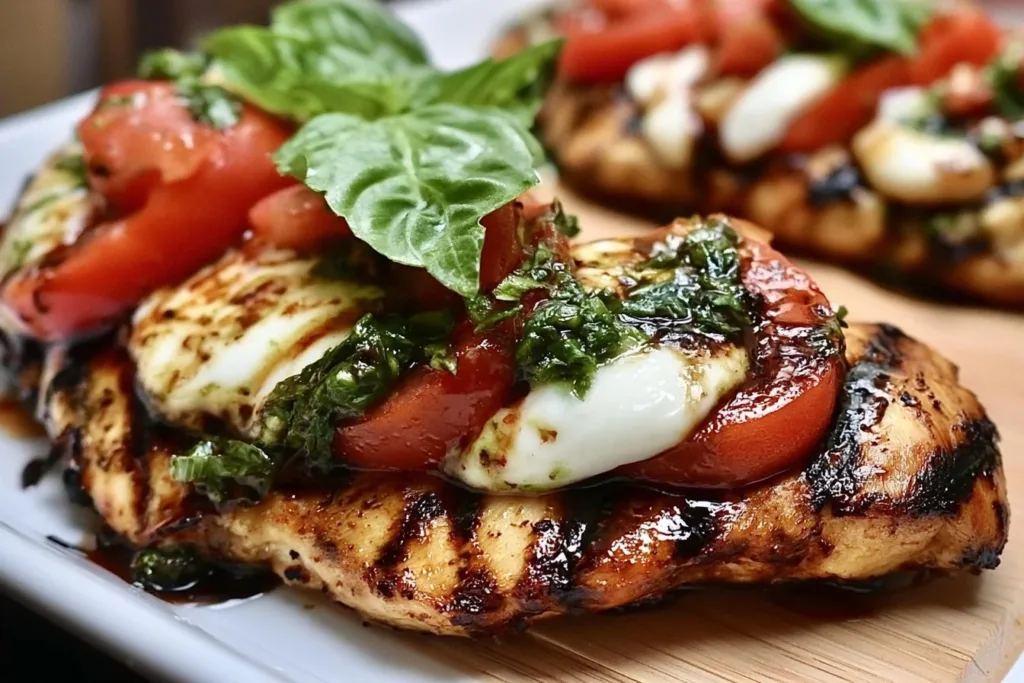 Plate of Grilled Chicken Caprese topped with mozzarella, tomatoes, and basil.