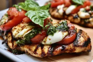 Plate of Grilled Chicken Caprese topped with mozzarella, tomatoes, and basil.