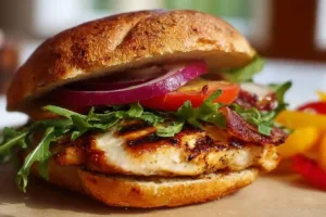 Delicious grilled chicken sandwich with fresh toppings and a toasted bun
