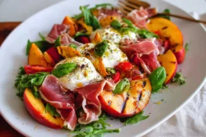 Grilled Nectarine Burrata Salad with prosciutto and fresh greens