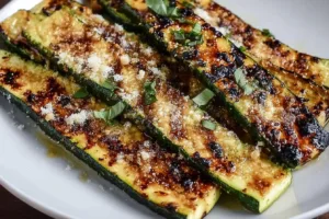 Grilled zucchini topped with Parmesan cheese on a plate