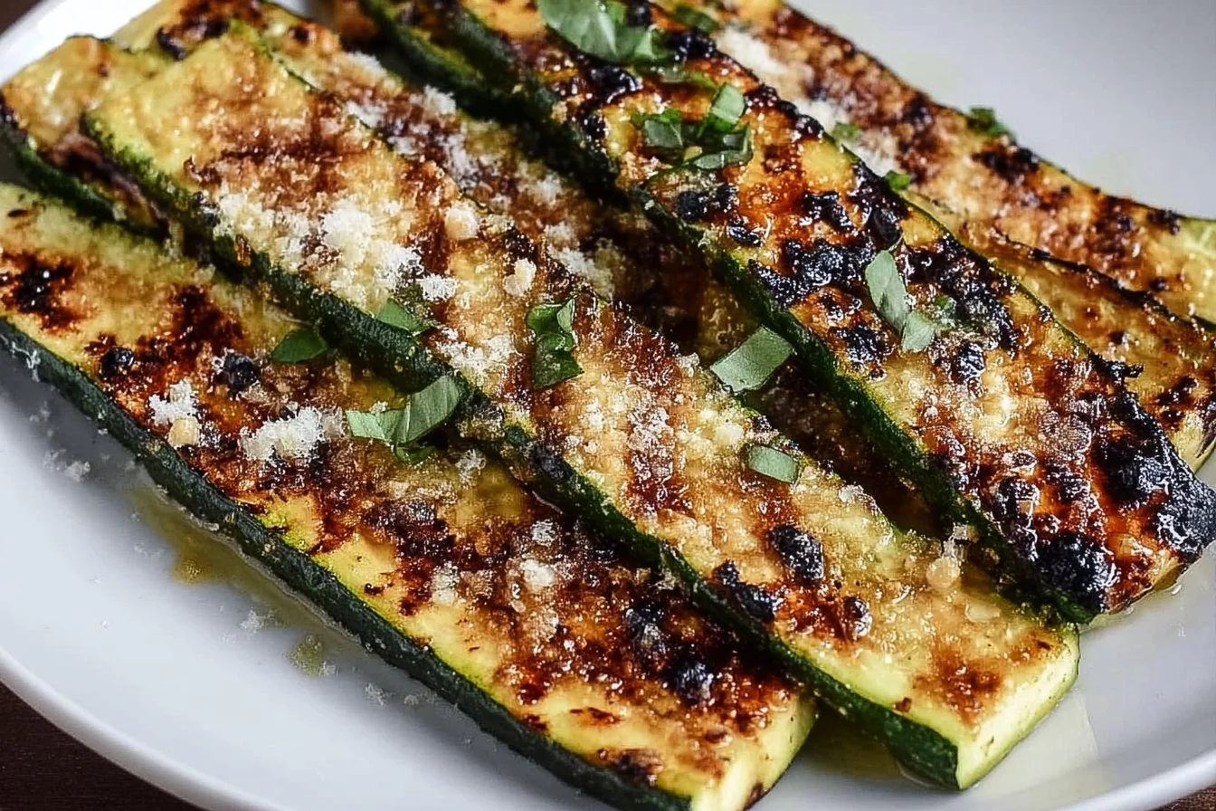 Grilled Zucchini with Parmesan 2 Grilled zucchini topped with Parmesan cheese on a plate