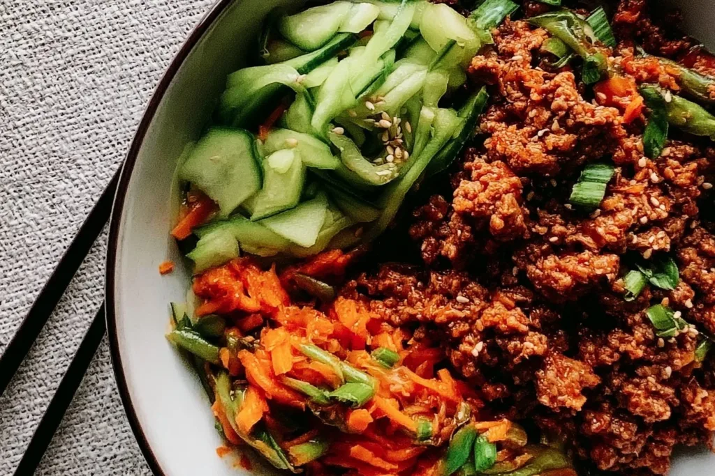 Delicious plate of Ground Beef Bulgogi with rich sauce and vegetables