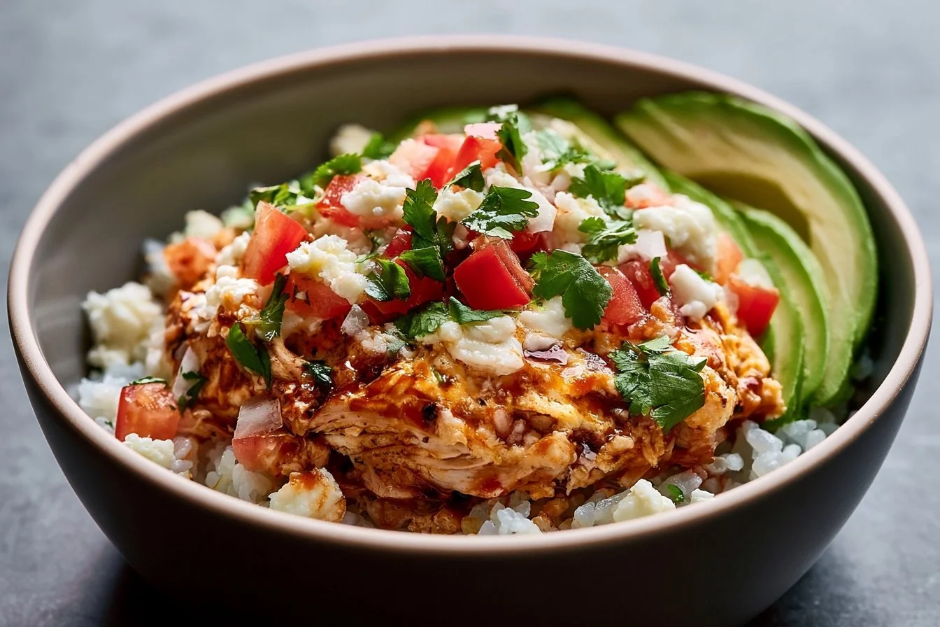 High-protein chicken enchilada bowl with cottage cheese and vibrant toppings