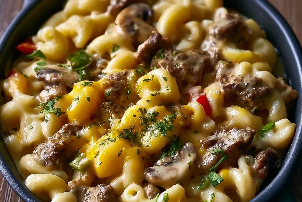 High-protein creamy Philly cheesesteak mac and cheese meal served in a bowl