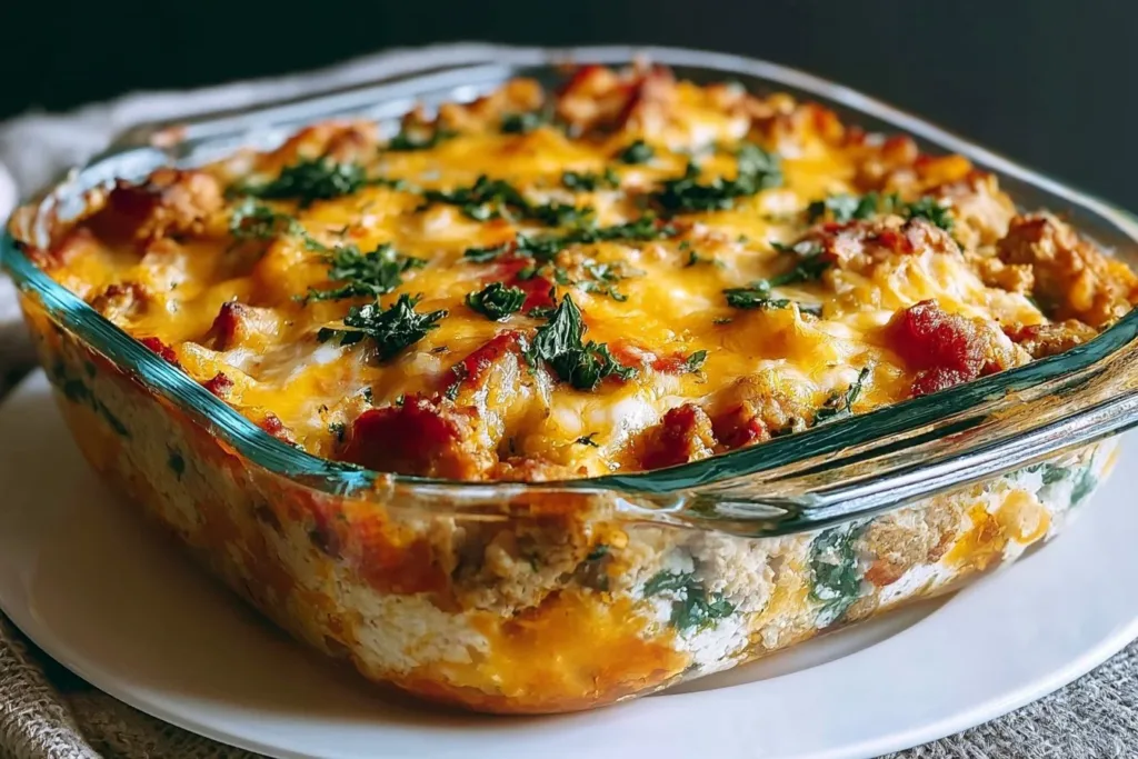 High Protein Ground Turkey Casserole (Easy, Cheesy, Family-Favorite) 5 Cheesy ground turkey casserole in a baking dish, perfect for family dinner.