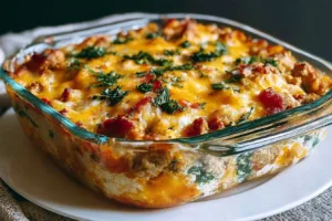 Cheesy ground turkey casserole in a baking dish, perfect for family dinner.