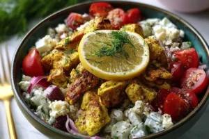 High protein Mediterranean chicken bowls with lemon and dill for meal prep