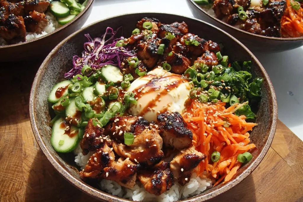 Delicious Korean BBQ Chicken Bowls with marinated chicken and fresh vegetables