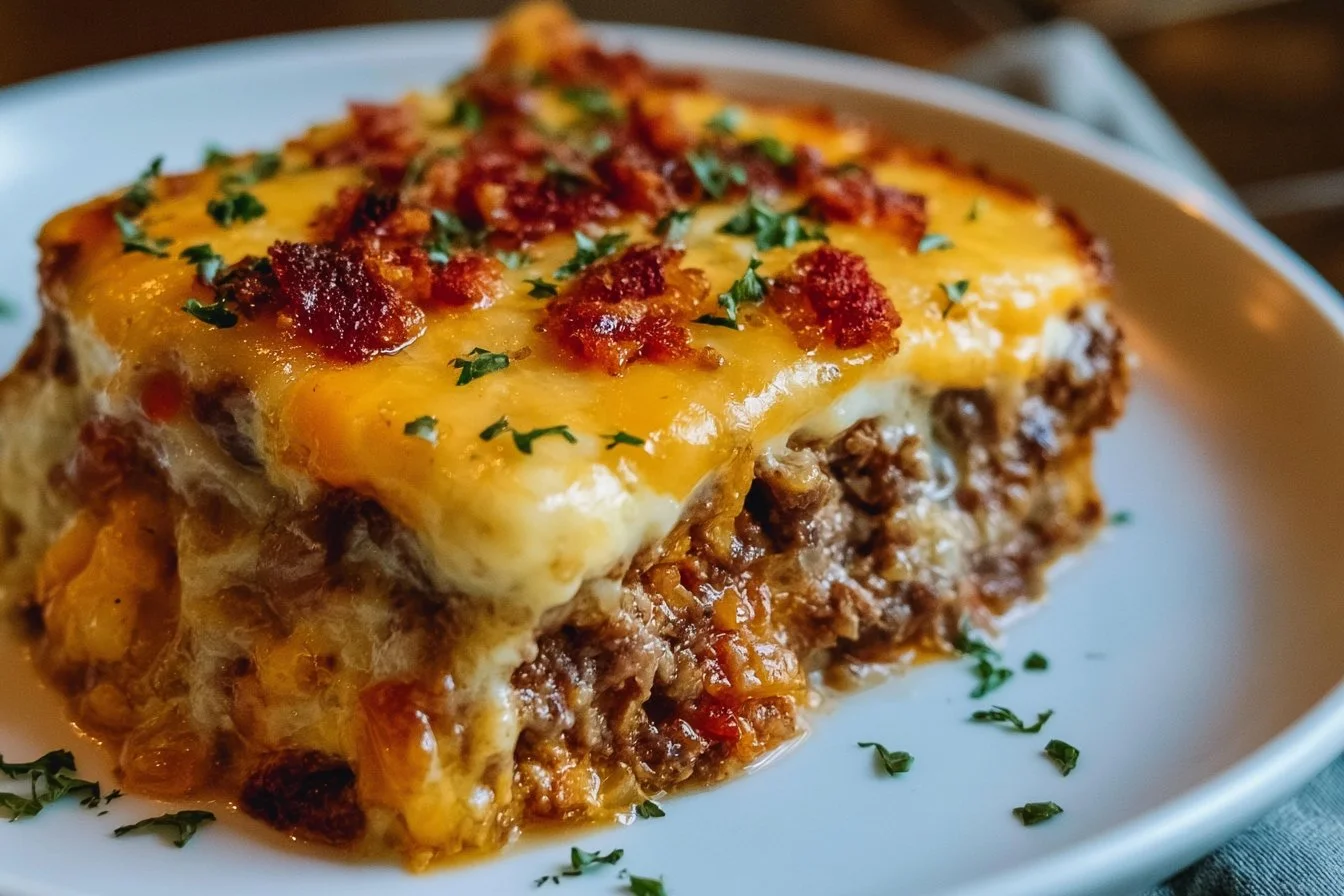 Low-carb bacon cheeseburger casserole topped with cheese and bacon
