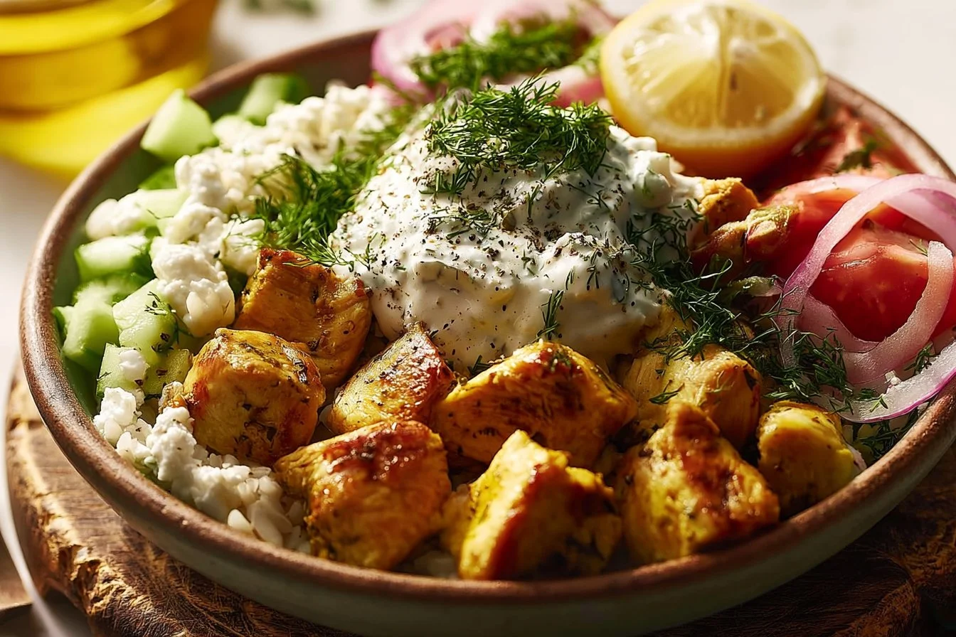 Low Carb High Protein Mediterranean Lemon Dill Chicken Bowl