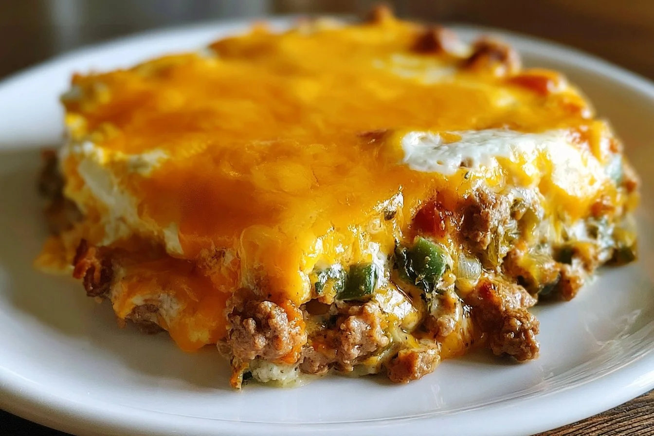 Low Carb High Protein Turkey Cheeseburger Casserole on a plate