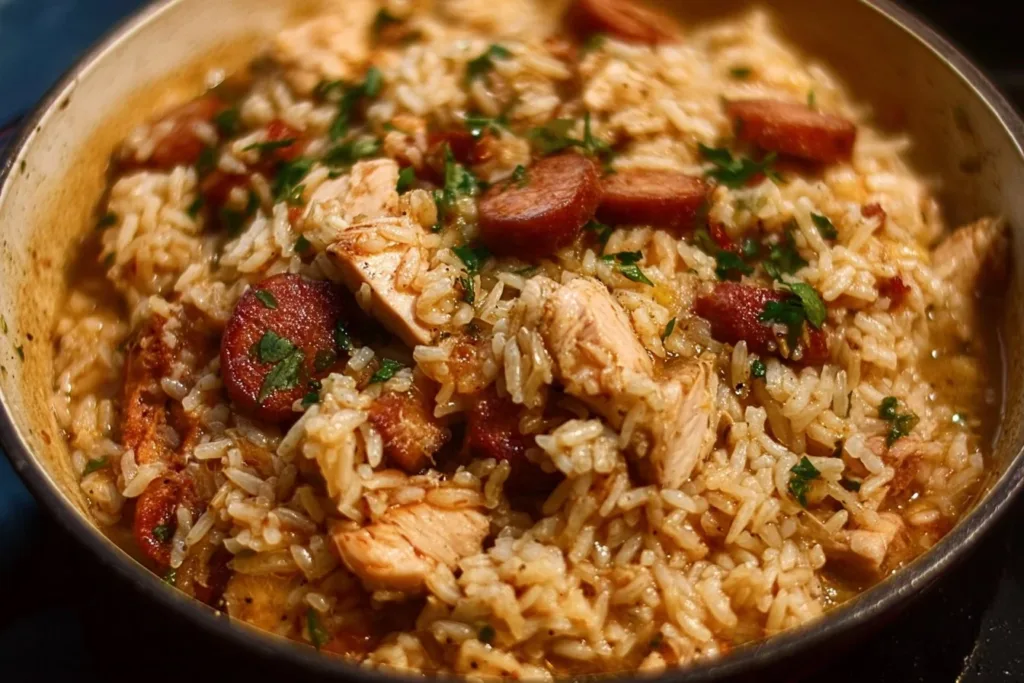 Lowcountry Chicken Bog served with long grain rice in a rustic bowl