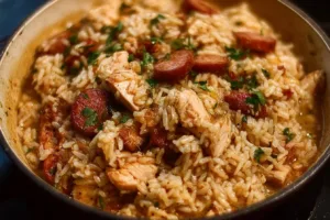 Lowcountry Chicken Bog served with long grain rice in a rustic bowl
