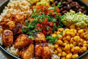 One-Pan Chicken Burrito Bowl with chicken, rice, and fresh toppings
