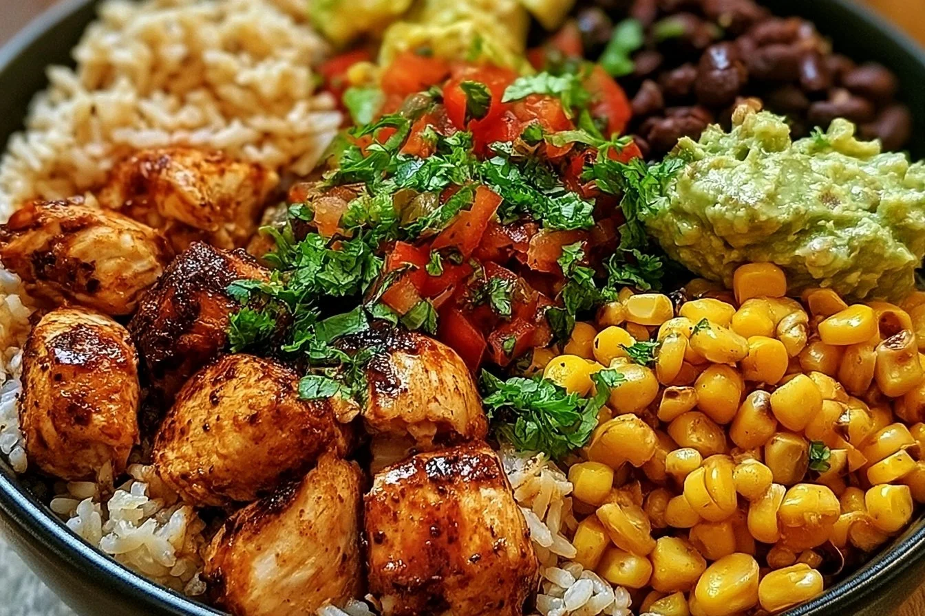 One-Pan Chicken Burrito Bowl 2 One-Pan Chicken Burrito Bowl with chicken, rice, and fresh toppings