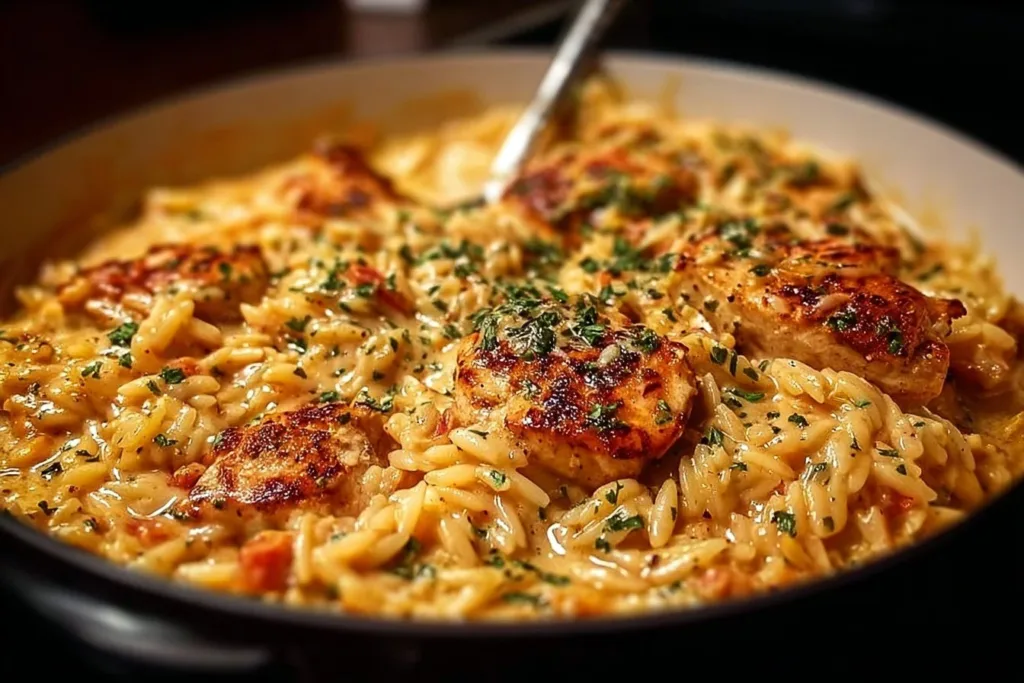 One Pot Cajun Chicken Alfredo Orzo served in a bowl