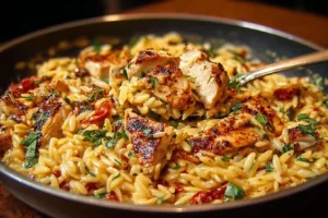 One Pot Cajun Chicken Alfredo Orzo in a bowl garnished with parsley.
