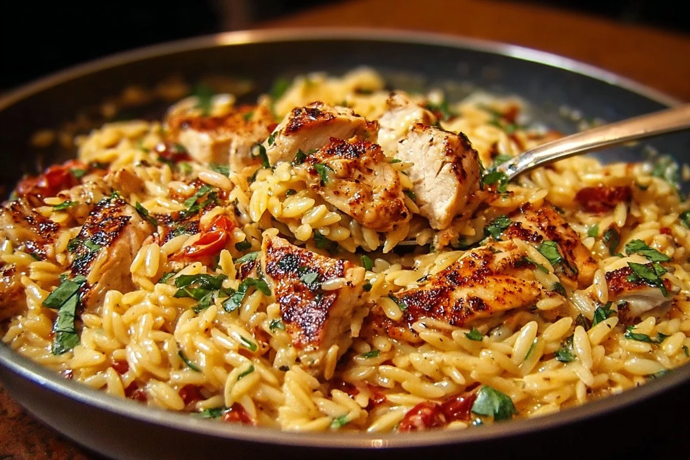 One Pot Cajun Chicken Alfredo Orzo 2 One Pot Cajun Chicken Alfredo Orzo in a bowl garnished with parsley.
