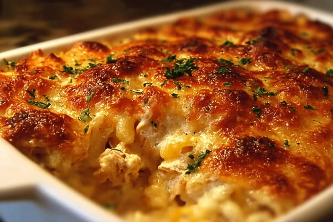 Delicious Paula Deen’s Amazing Chicken Casserole topped with golden crust