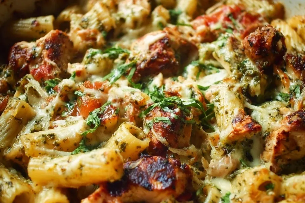 Delicious Pesto Chicken Pasta Bake with fresh ingredients in a casserole dish