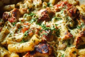 Delicious Pesto Chicken Pasta Bake with fresh ingredients in a casserole dish