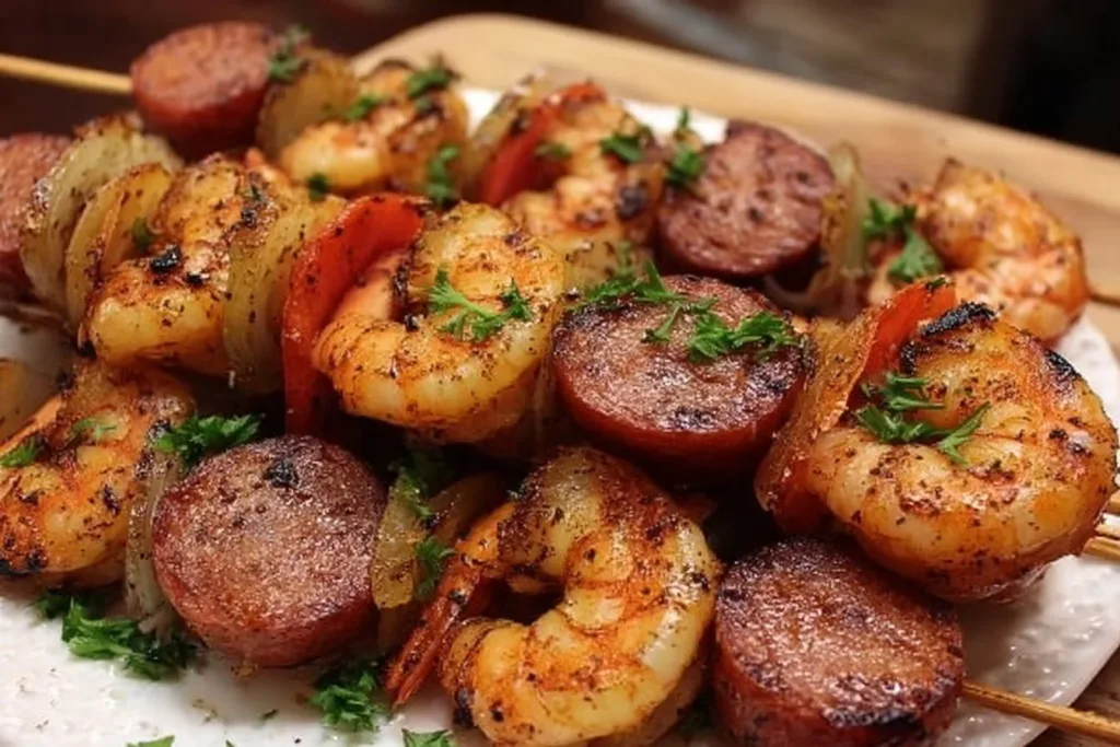 Sausage & Shrimp Kabobs 5 Grilled Sausage & Shrimp Kabobs on skewers with fresh vegetables
