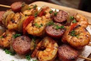 Grilled Sausage & Shrimp Kabobs on skewers with fresh vegetables