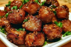 Delicious garlic pork bites ready to serve on a platter.