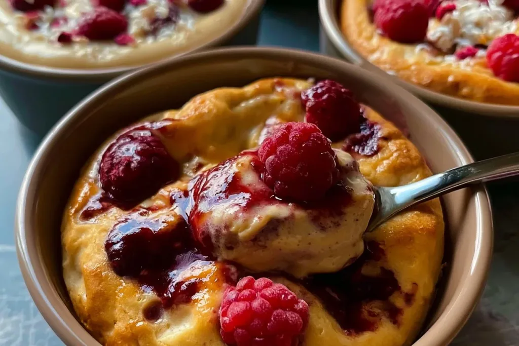 Single Serving Fluffy Baked Protein Pancake Bowls 5 Single serving fluffy baked protein pancake bowls topped with fresh fruit and syrup